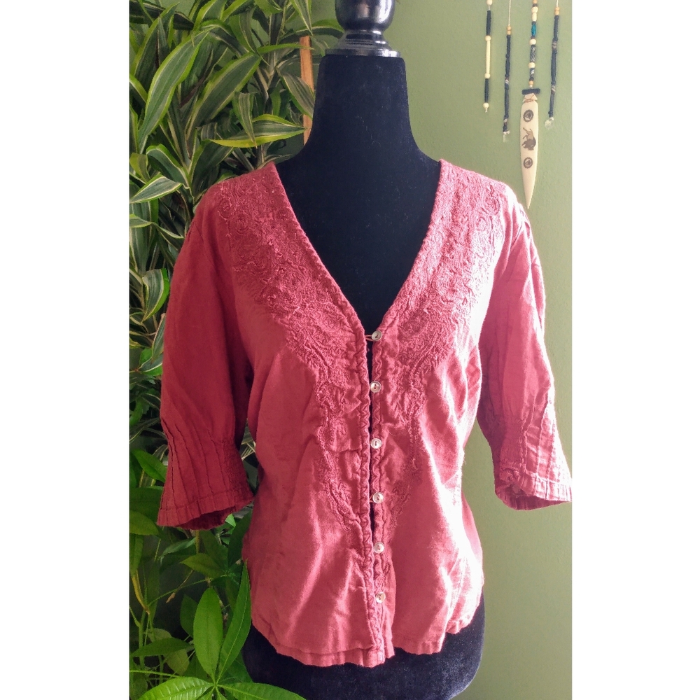 Free People Red Ruffled 3/4 Sleeve Blouse